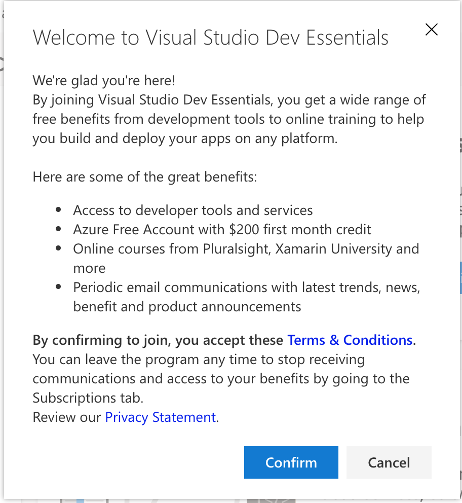 visual studio dev essentials terms and conditions pop up